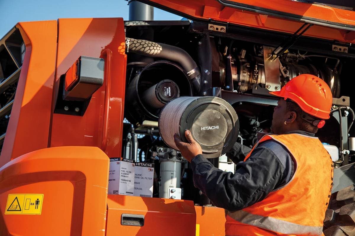 Hitachi wheel loader being serviced